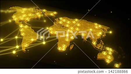 Glowing polygonal world map dominating dark space, showing node avatars, radiant connection beams Glowing polygonal world map dominating dark space, showing node avatars, radiant connection beams 142188866