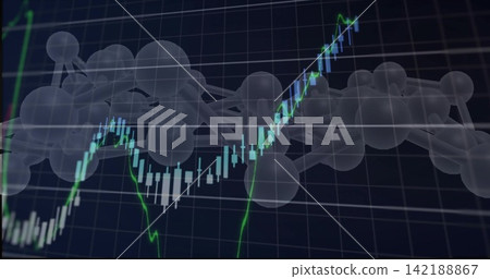 Displaying candlestick and bright green line chart on dark grid with 3D molecular model overlay Displaying candlestick and bright green line chart on dark grid with 3D molecular model overlay 142188867