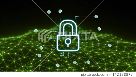 Displaying cyan padlock icon linking to green wire mesh, glowing nodes, dotted links and markers Displaying cyan padlock icon linking to green wire mesh, glowing nodes, dotted links and markers 142188872