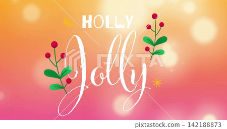 Featuring stylized 'Jolly' lettering with 'HOLLY' above on warm orange pink gradient holly sprigs Featuring stylized 'Jolly' lettering with 'HOLLY' above on warm orange pink gradient holly sprigs 142188873
