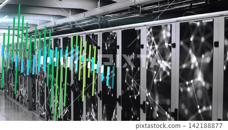 Displaying server racks stretching down data center aisle, showing colored visualization bars Displaying server racks stretching down data center aisle, showing colored visualization bars 142188877