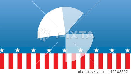 Displaying large segmented circle centered in patriotic banner, with white star band and stripes Displaying large segmented circle centered in patriotic banner, with white star band and stripes 142188892