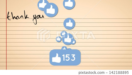 Floating blue circular thumbs-up icons and like-count badge on beige ruled paper, with thank you Floating blue circular thumbs-up icons and like-count badge on beige ruled paper, with thank you 142188895