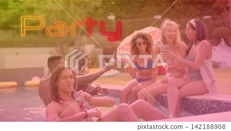 Chatting group of six adults wearing swimwear, lounging at backyard pool with drinks, neon Party Chatting group of six adults wearing swimwear, lounging at backyard pool with drinks, neon Party 142188908