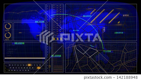 Displaying multi-panel digital HUD dashboard filling frame, showing line chart, gauges, key grid Displaying multi-panel digital HUD dashboard filling frame, showing line chart, gauges, key grid 142188948