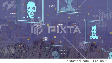 Floating cyan UI frames hovering over tall grasses by city skyline, showing pixel faces and data Floating cyan UI frames hovering over tall grasses by city skyline, showing pixel faces and data 142188950