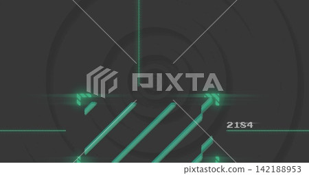 Displaying glowing teal diagonal bars centered on dark HUD, with rings, guides, nodes, readout 2184 Displaying glowing teal diagonal bars centered on dark HUD, with rings, guides, nodes, readout 2184 142188953
