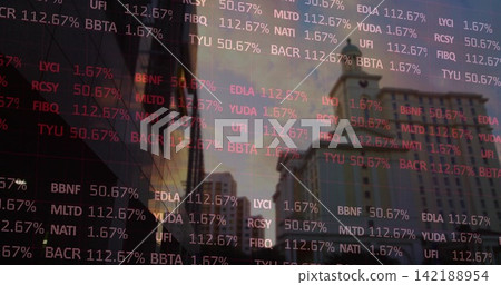 Showing faint stock ticker over downtown with red white percentages over glass towers, ornate tower Showing faint stock ticker over downtown with red white percentages over glass towers, ornate tower 142188954