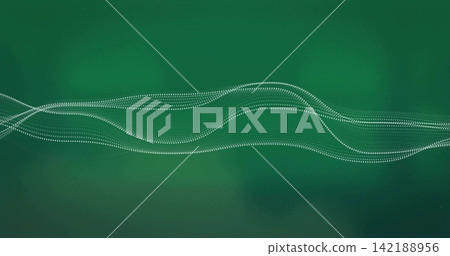 Flowing parallel white dotted waveforms stretching across green gradient wallpaper, subtle vignette Flowing parallel white dotted waveforms stretching across green gradient wallpaper, subtle vignette 142188956