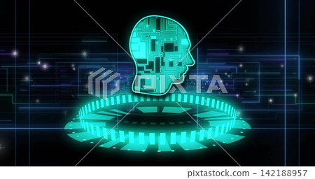 Hovering glowing teal circuit head hologram above segmented ring, projecting neon grid and sparks Hovering glowing teal circuit head hologram above segmented ring, projecting neon grid and sparks 142188957