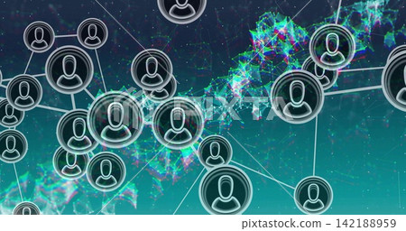 Linking user-avatar nodes with lines, glowing hubs in digital network, mesh, stars, gradient 142188959