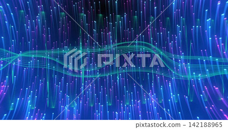 Flowing central undulating waveform sweeping digital space, showing vertical streaks, pixels, mesh Flowing central undulating waveform sweeping digital space, showing vertical streaks, pixels, mesh 142188965