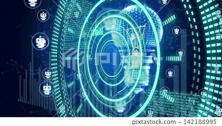 Displaying central concentric HUD rings showing ghost avatar face in cyberspace, with robot icons 142188995