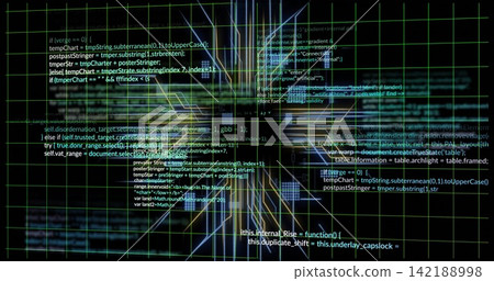 Displaying digital HUD on terminal, showing green grid, code blocks and glowing nodes Displaying digital HUD on terminal, showing green grid, code blocks and glowing nodes 142188998