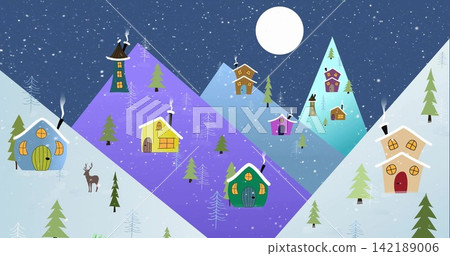 Showing stylized winter village glowing on snowy slopes, cottages with chimneys, moon, snowfall Showing stylized winter village glowing on snowy slopes, cottages with chimneys, moon, snowfall 142189006