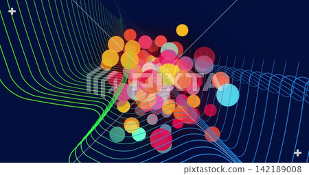 Glowing disc cluster overlapping on navy, with green grids left, blue grids right, two white pluses 142189008