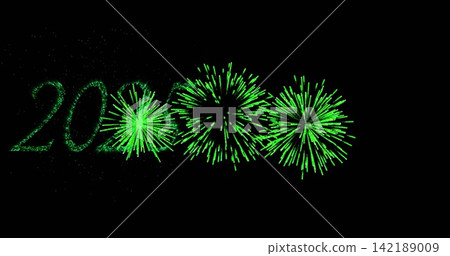 Lighting neon-green fireworks forming numeral 20 and three radial bursts in night sky, with sparks Lighting neon-green fireworks forming numeral 20 and three radial bursts in night sky, with sparks 142189009
