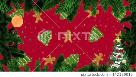 Framing central red patterned field with gingerbread men and green tree cookies, card backdrop Framing central red patterned field with gingerbread men and green tree cookies, card backdrop 142189012