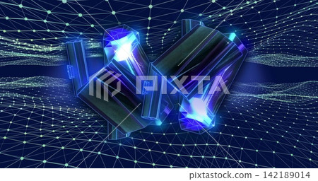 Floating two faceted prisms casting glowing core light over wire mesh in cyberspace, neon accents Floating two faceted prisms casting glowing core light over wire mesh in cyberspace, neon accents 142189014