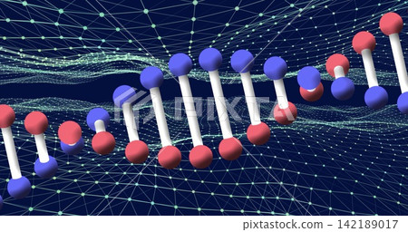 Displaying ball-and-stick molecular chain running in 3D workspace, with red blue nodes grid Displaying ball-and-stick molecular chain running in 3D workspace, with red blue nodes grid 142189017