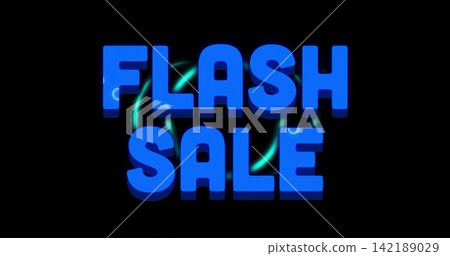 Displaying stacked 3D blue text FLASH SALE dominating digital banner, with neon cyan streaks Displaying stacked 3D blue text FLASH SALE dominating digital banner, with neon cyan streaks 142189029