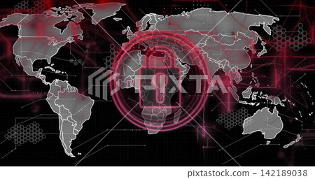 Displaying glowing red padlock over central Africa on gray world map grid, with rings, hex mesh Displaying glowing red padlock over central Africa on gray world map grid, with rings, hex mesh 142189038