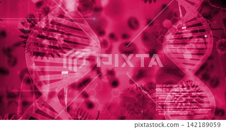 Dominating two DNA helices floating over lab screen, showing virus spikes, blood cells, hexagons Dominating two DNA helices floating over lab screen, showing virus spikes, blood cells, hexagons 142189059