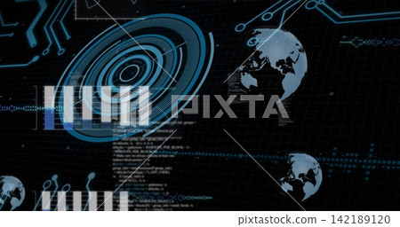 Rotating ringed radar HUD centering on dashboard, displaying scrolling code, bars, globe icons Rotating ringed radar HUD centering on dashboard, displaying scrolling code, bars, globe icons 142189120