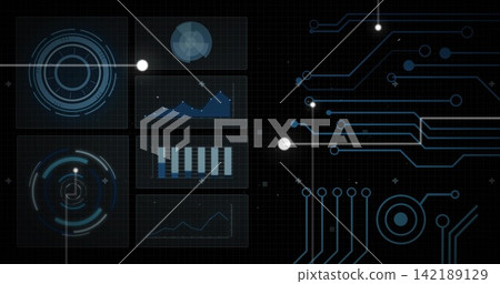 Displaying six translucent panels on left of HUD grid, showing radar, charts, circuits, copy space 142189129