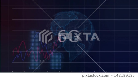 Displaying cyan wireframe globe overlaid by big 6G text on dashboard, featuring red and blue graphs Displaying cyan wireframe globe overlaid by big 6G text on dashboard, featuring red and blue graphs 142189153