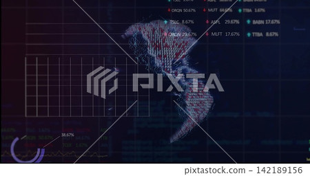 Displaying 3D point-cloud map of Americas on dark data dashboard, with grid, tickers, donut gauge Displaying 3D point-cloud map of Americas on dark data dashboard, with grid, tickers, donut gauge 142189156