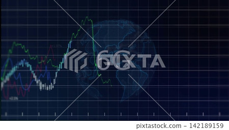 Showing centered 6G label hovering over wireframe globe in blue panel, with grid and line graphs Showing centered 6G label hovering over wireframe globe in blue panel, with grid and line graphs 142189159
