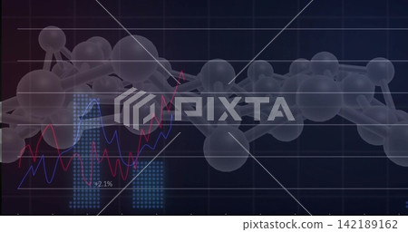 Displaying 3D molecule centered on navy grid display, showing red-blue trends, dotted bars, +2 142189162