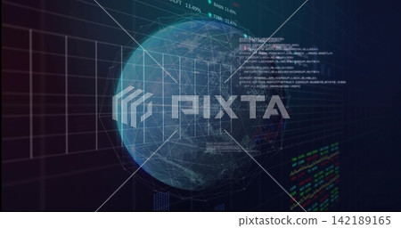 Rotating wireframe globe projecting node links and 3x3 grid in HUD with code panels and tickers Rotating wireframe globe projecting node links and 3x3 grid in HUD with code panels and tickers 142189165