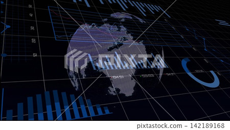 Displaying translucent 3D globe rotating over dark grid plane showing bars, gauge and data lines Displaying translucent 3D globe rotating over dark grid plane showing bars, gauge and data lines 142189168