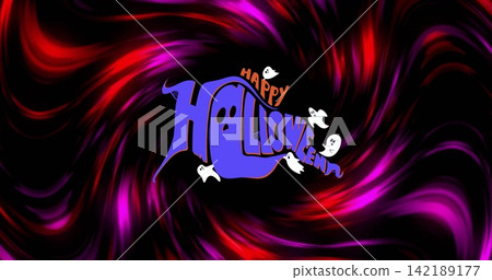 Showing purple Halloween text with orange Happy accent over dark vortex, four white ghosts floating Showing purple Halloween text with orange Happy accent over dark vortex, four white ghosts floating 142189177