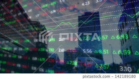 Displaying market overlay hovering over financial district, with stock tickers, green or red arrows Displaying market overlay hovering over financial district, with stock tickers, green or red arrows 142189180