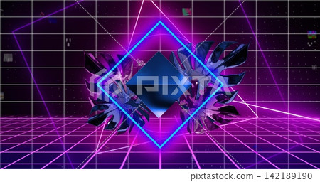 Glowing electric-blue diamond frame with rotated prism floating in retro studio, glossy leaves 142189190