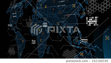Displaying digital world map overlay on wide dashboard showing hexes colored nodes connecting lines Displaying digital world map overlay on wide dashboard showing hexes colored nodes connecting lines 142189195