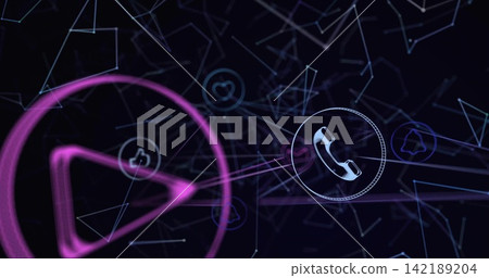 Hovering neon phone handset icon right-center in dark network, with magenta play ring, copy space Hovering neon phone handset icon right-center in dark network, with magenta play ring, copy space 142189204