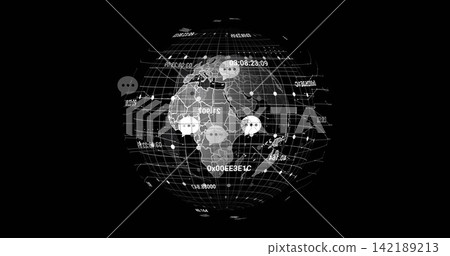 Rotating central wireframe globe showing Africa or Europe overlay in virtual network, with chat node Rotating central wireframe globe showing Africa or Europe overlay in virtual network, with chat node 142189213