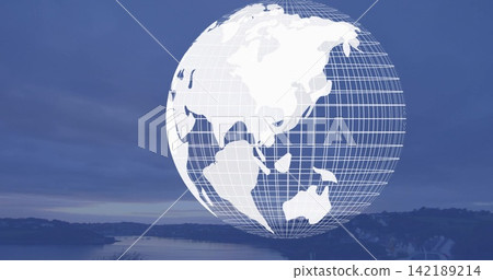 Floating white wireframe globe showing Asia and Australia over coastal water, with shoreline trees 142189214