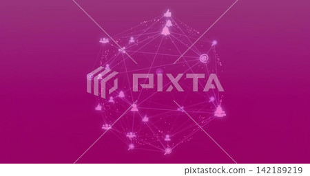 Glowing wireframe sphere pulsing in virtual magenta gradient, showing nodes, user icons, bell Glowing wireframe sphere pulsing in virtual magenta gradient, showing nodes, user icons, bell 142189219