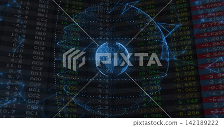 Holographic globe receiving market feed, pulsing rings and lighting nodes visualizing finance Holographic globe receiving market feed, pulsing rings and lighting nodes visualizing finance 142189222