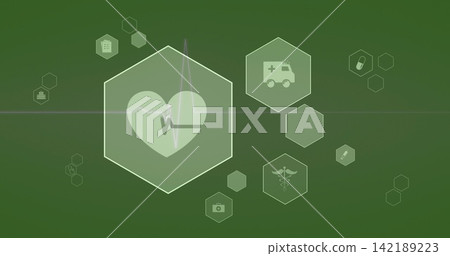 Showing large central hex with heart and ECG line on green backdrop, with ambulance, pill icons 142189223