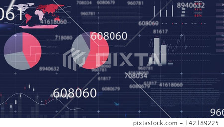 Displaying central dashboard on screen, with pie charts, numeric 608060, red map, candlestick trend Displaying central dashboard on screen, with pie charts, numeric 608060, red map, candlestick trend 142189225