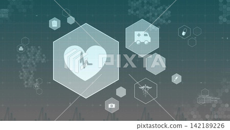 Showing clear hex heart panel featuring ECG on teal-gray dashboard with ambulance pill camera Showing clear hex heart panel featuring ECG on teal-gray dashboard with ambulance pill camera 142189226