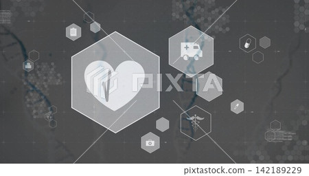 Displaying large hexagon with heart and pulse on dark gridded interface, showing ambulance icon Displaying large hexagon with heart and pulse on dark gridded interface, showing ambulance icon 142189229