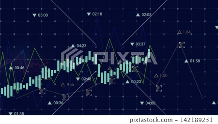 Displaying candlestick chart on trading screen, showing cyan bars, green and blue lines, markers Displaying candlestick chart on trading screen, showing cyan bars, green and blue lines, markers 142189231