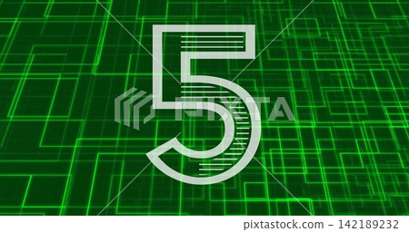 Floating large semi-transparent white numeral '5' showing hatch lines over green neon grid, glowing Floating large semi-transparent white numeral '5' showing hatch lines over green neon grid, glowing 142189232